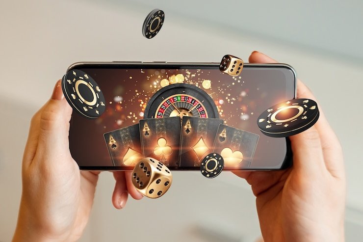 Antarmuka Casino Hold'em di ponsel 555 slot menampilkan kartu dan tombol taruhan